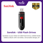 Load image into Gallery viewer, SanDisk Cruzer Glide 3.0 USB Flash Drive, CZ600 64GB, USB3.0, Black with red slider, retractable design, 5Y