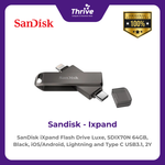 Load image into Gallery viewer, SanDisk iXpand Flash Drive Luxe, SDIX70N 64GB, Black, iOS/Android, Lightning and Type C USB3.1, 2Y