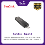 Load image into Gallery viewer, SanDisk iXpand Flash Drive Luxe, SDIX70N 128GB, Black, iOS/Android, Lightning and Type C USB3.1, 2Y