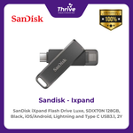 Load image into Gallery viewer, SanDisk iXpand Flash Drive Luxe, SDIX70N 128GB, Black, iOS/Android, Lightning and Type C USB3.1, 2Y