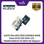 Load image into Gallery viewer, KLEVV MicroSD CRAS 100MB/S 64GB Class 10 A2 V30 UHS-I U3 - K064GUSD6U3-CA (With SD Adaptor)