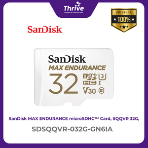 SanDisk MAX ENDURANCE microSDHC™ Card, SQQVR 32G, (15,000 Hrs), UHS-I, C10, U3, V30, 100MB/s R, 40MB/s W, SD adaptor, 3Y