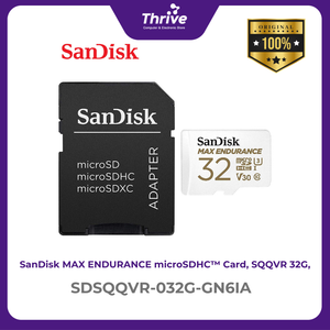 SanDisk MAX ENDURANCE microSDHC™ Card, SQQVR 32G, (15,000 Hrs), UHS-I, C10, U3, V30, 100MB/s R, 40MB/s W, SD adaptor, 3Y