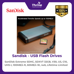 SanDisk Extreme SDHC, SDXVT 32GB, V30, U3, C10, UHS-I, 100MB/s R, 60MB/s W, 4x6, Lifetime Limited