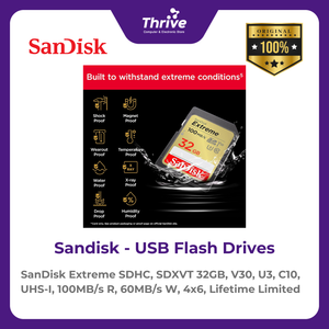 SanDisk Extreme SDHC, SDXVT 32GB, V30, U3, C10, UHS-I, 100MB/s R, 60MB/s W, 4x6, Lifetime Limited