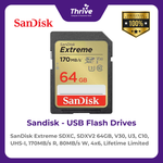 Load image into Gallery viewer, SanDisk Extreme SDXC, SDXV2 64GB, V30, U3, C10, UHS-I, 170MB/s R, 80MB/s W, 4x6, Lifetime Limited
