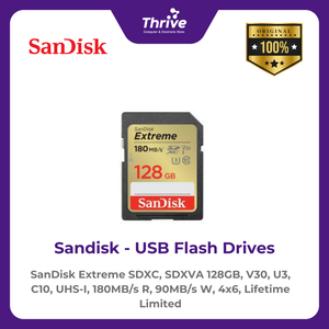 SanDisk Extreme SDXC, SDXVA 128GB, V30, U3, C10, UHS-I, 180MB/s R, 90MB/s W, 4x6, Lifetime Limited