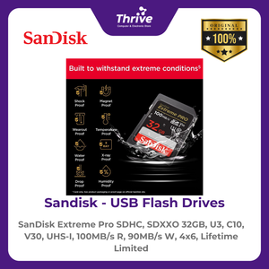 SanDisk Extreme Pro SDHC, SDXXO 32GB, U3, C10, V30, UHS-I, 100MB/s R, 90MB/s W, 4x6, Lifetime Limited