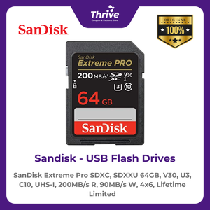 SanDisk Extreme Pro SDXC, SDXXU 64GB, V30, U3, C10, UHS-I, 200MB/s R, 90MB/s W, 4x6, Lifetime Limited