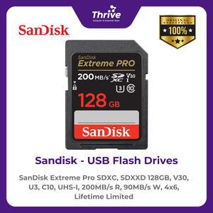 SanDisk Extreme Pro SDXC, SDXXD 128GB, V30, U3, C10, UHS-I, 200MB/s R, 90MB/s W, 4x6, Lifetime Limited