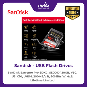 SanDisk Extreme Pro SDXC, SDXXD 128GB, V30, U3, C10, UHS-I, 200MB/s R, 90MB/s W, 4x6, Lifetime Limited