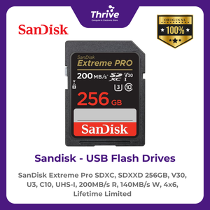 SanDisk Extreme Pro SDXC, SDXXD 256GB, V30, U3, C10, UHS-I, 200MB/s R, 140MB/s W, 4x6, Lifetime Limited