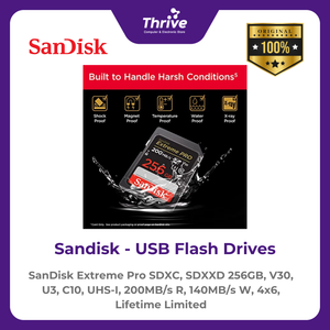 SanDisk Extreme Pro SDXC, SDXXD 256GB, V30, U3, C10, UHS-I, 200MB/s R, 140MB/s W, 4x6, Lifetime Limited