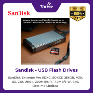 SanDisk Extreme Pro SDXC, SDXXD 256GB, V30, U3, C10, UHS-I, 200MB/s R, 140MB/s W, 4x6, Lifetime Limited