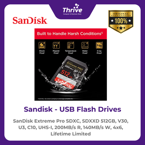 SanDisk Extreme Pro SDXC, SDXXD 512GB, V30, U3, C10, UHS-I, 200MB/s R, 140MB/s W, 4x6, Lifetime Limited