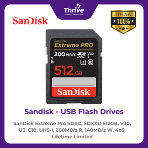 SanDisk Extreme Pro SDXC, SDXXD 512GB, V30, U3, C10, UHS-I, 200MB/s R, 140MB/s W, 4x6, Lifetime Limited