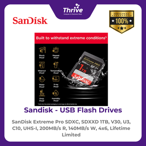 SanDisk Extreme Pro SDXC, SDXXD 1TB, V30, U3, C10, UHS-I, 200MB/s R, 140MB/s W, 4x6, Lifetime Limited