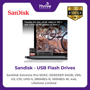 SanDisk Extreme Pro SDXC, SDSDXEP 64GB, V60, U3, C10, UHS-II, 280MB/s R, 100MB/s W, 4x6, Lifetime Limited