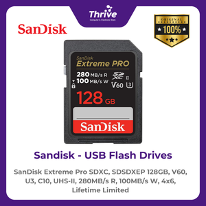 SanDisk Extreme Pro SDXC, SDSDXEP 128GB, V60, U3, C10, UHS-II, 280MB/s R, 100MB/s W, 4x6, Lifetime Limited