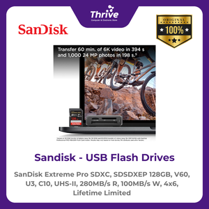 SanDisk Extreme Pro SDXC, SDSDXEP 128GB, V60, U3, C10, UHS-II, 280MB/s R, 100MB/s W, 4x6, Lifetime Limited