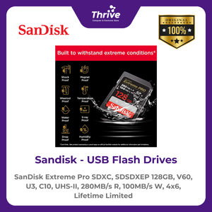 SanDisk Extreme Pro SDXC, SDSDXEP 128GB, V60, U3, C10, UHS-II, 280MB/s R, 100MB/s W, 4x6, Lifetime Limited