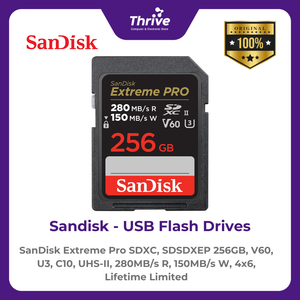 SanDisk Extreme Pro SDXC, SDSDXEP 256GB, V60, U3, C10, UHS-II, 280MB/s R, 150MB/s W, 4x6, Lifetime Limited