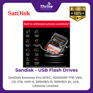 SanDisk Extreme Pro SDXC, SDSDXEP 1TB, V60, U3, C10, UHS-II, 280MB/s R, 150MB/s W, 4x6, Lifetime Limited