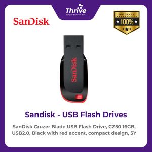 SanDisk Cruzer Blade USB Flash Drive, CZ50 16GB, USB2.0, Black with red accent, compact design, 5Y