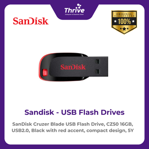 SanDisk Cruzer Blade USB Flash Drive, CZ50 16GB, USB2.0, Black with red accent, compact design, 5Y