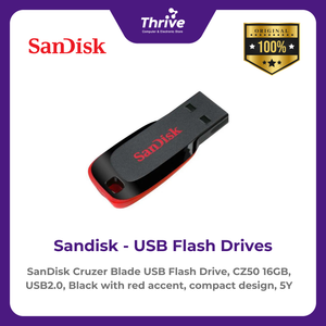 SanDisk Cruzer Blade USB Flash Drive, CZ50 16GB, USB2.0, Black with red accent, compact design, 5Y