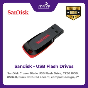 SanDisk Cruzer Blade USB Flash Drive, CZ50 16GB, USB2.0, Black with red accent, compact design, 5Y