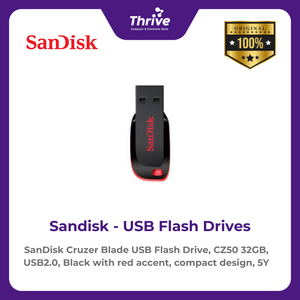 SanDisk Cruzer Blade USB Flash Drive, CZ50 32GB, USB2.0, Black with red accent, compact design, 5Y