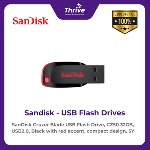 SanDisk Cruzer Blade USB Flash Drive, CZ50 32GB, USB2.0, Black with red accent, compact design, 5Y