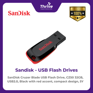 SanDisk Cruzer Blade USB Flash Drive, CZ50 32GB, USB2.0, Black with red accent, compact design, 5Y