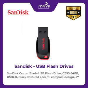 SanDisk Cruzer Blade USB Flash Drive, CZ50 64GB, USB2.0, Black with red accent, compact design, 5Y