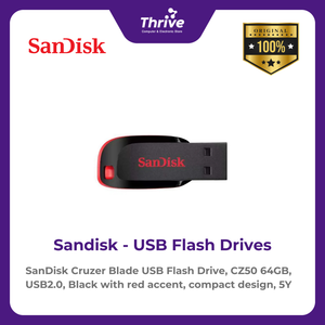 SanDisk Cruzer Blade USB Flash Drive, CZ50 64GB, USB2.0, Black with red accent, compact design, 5Y