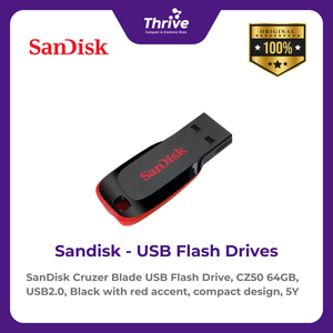 SanDisk Cruzer Blade USB Flash Drive, CZ50 64GB, USB2.0, Black with red accent, compact design, 5Y