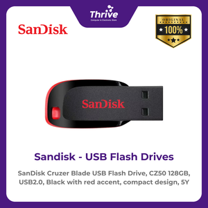 SanDisk Cruzer Blade USB Flash Drive, CZ50 128GB, USB2.0, Black with red accent, compact design, 5Y