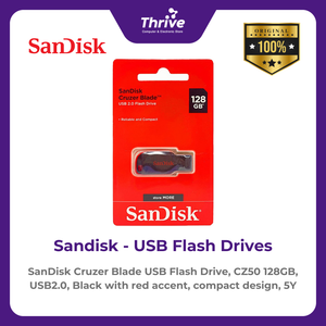 SanDisk Cruzer Blade USB Flash Drive, CZ50 128GB, USB2.0, Black with red accent, compact design, 5Y