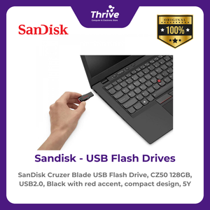 SanDisk Cruzer Blade USB Flash Drive, CZ50 128GB, USB2.0, Black with red accent, compact design, 5Y