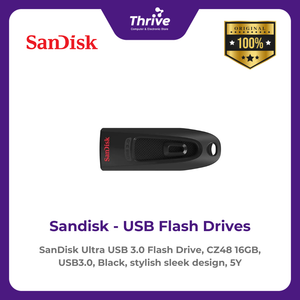 SanDisk Ultra USB 3.0 Flash Drive, CZ48 16GB, USB3.0, Black, stylish sleek design, 5Y