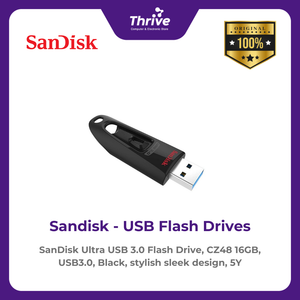 SanDisk Ultra USB 3.0 Flash Drive, CZ48 16GB, USB3.0, Black, stylish sleek design, 5Y