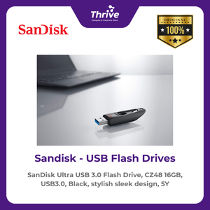 SanDisk Ultra USB 3.0 Flash Drive, CZ48 16GB, USB3.0, Black, stylish sleek design, 5Y