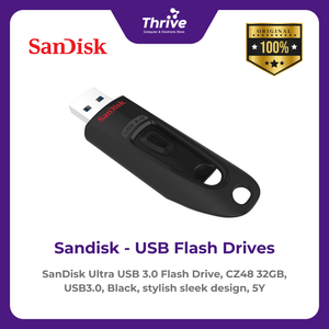 SanDisk Ultra USB 3.0 Flash Drive, CZ48 32GB, USB3.0, Black, stylish sleek design, 5Y