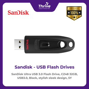 SanDisk Ultra USB 3.0 Flash Drive, CZ48 32GB, USB3.0, Black, stylish sleek design, 5Y