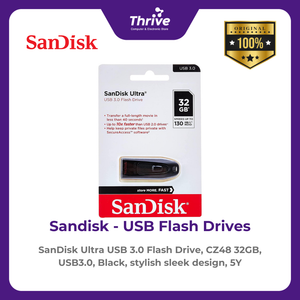 SanDisk Ultra USB 3.0 Flash Drive, CZ48 32GB, USB3.0, Black, stylish sleek design, 5Y