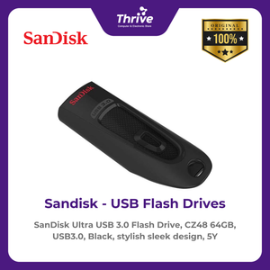 SanDisk Ultra USB 3.0 Flash Drive, CZ48 64GB, USB3.0, Black, stylish sleek design, 5Y