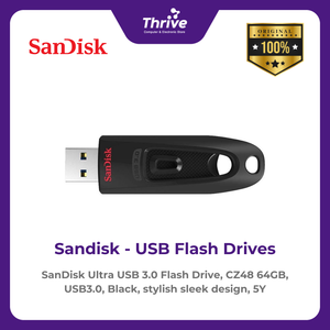 SanDisk Ultra USB 3.0 Flash Drive, CZ48 64GB, USB3.0, Black, stylish sleek design, 5Y