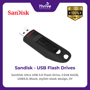 SanDisk Ultra USB 3.0 Flash Drive, CZ48 64GB, USB3.0, Black, stylish sleek design, 5Y