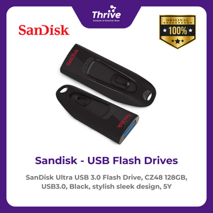 SanDisk Ultra USB 3.0 Flash Drive, CZ48 128GB, USB3.0, Black, stylish sleek design, 5Y